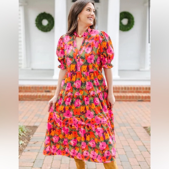 Pink and Yellow Maxi Sundress with Puff Sleeves - Picture 7 of 10